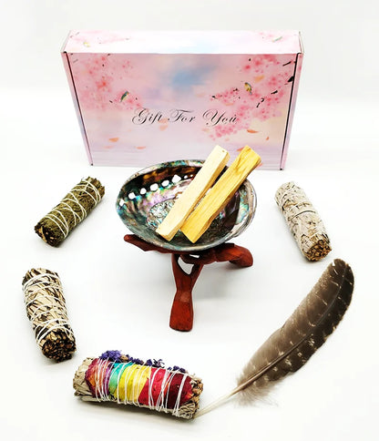 Home Cleansing & Smudging Kit with White Sage, Palo Santo, Abalone & Stand, Smudge Feather Protection Meditation Positive Energy