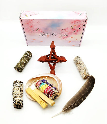 Home Cleansing & Smudging Kit with White Sage, Palo Santo, Abalone & Stand, Smudge Feather Protection Meditation Positive Energy