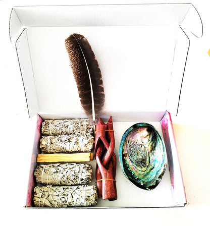 Home Cleansing & Smudging Kit with White Sage, Palo Santo, Abalone & Stand, Smudge Feather Protection Meditation Positive Energy